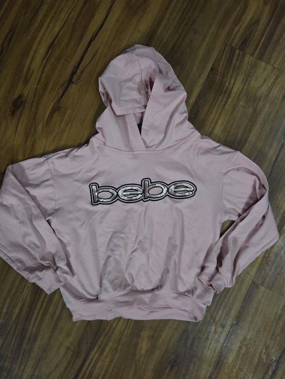 Bebe Girls Pink Sequin Logo Hoodie – Size S (7/8)